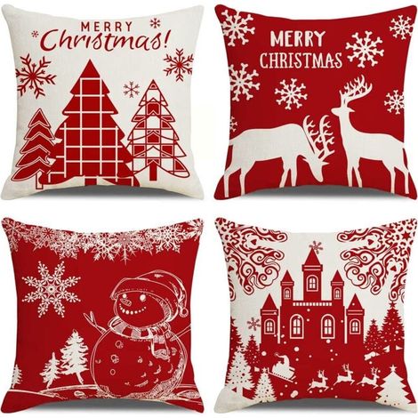 Housses de Coussin Joyeux Noël Lot de 4 Taie d'oreiller l'hiver Noël Wapiti Château Bonhomme de Neige Modèle Décoration pour Canapé Chambre Maison 45 x 45 cm (1/4)