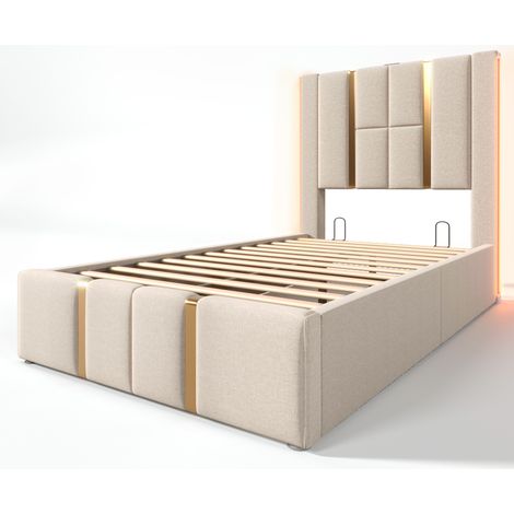 Cama capitoné 90x200 cm con LED RGB, USB-C, almacenaje, beige, con colchón (1/5)