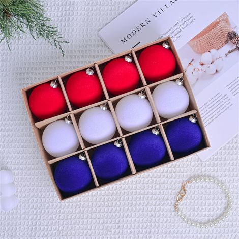 Boules Décoratives - Velours Rouge Blanc Bleu - Pour Arbre et Décoration Intérieure Extérieure - Fête de l'Indépendance - Lot de 12 (1/5)