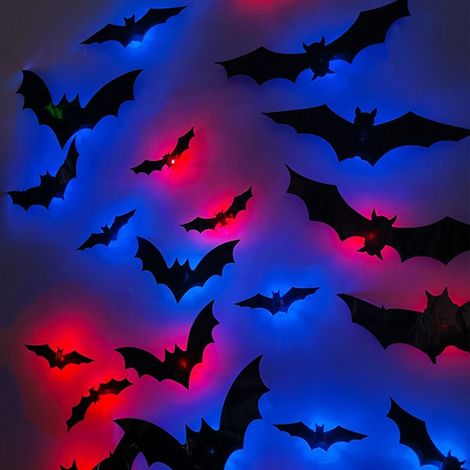 Un ensemble de 24 autocollants chauve-souris LED 3D pour Halloween, à utiliser comme décorations murales et de fenêtres intérieures et extérieures, comme autocollants de bureau et pour décorer des fêt (1/5)