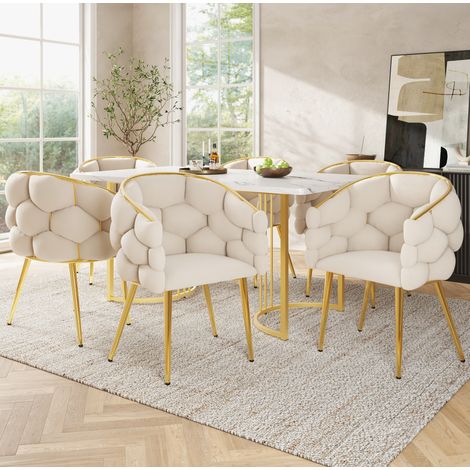 Esstisch-Set 7-teilig mit 6 Samtstühlen, 140 x 80 cm, Marmoroptik, Beige/Weiß/Gold OKMYHOME (1/5)