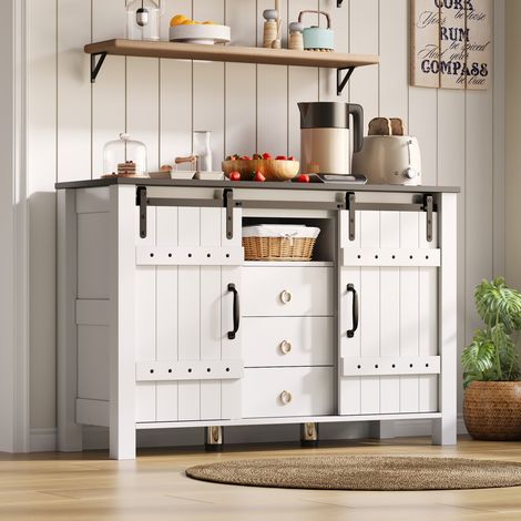 Buffet enfilade rustique 120 cm blanc - Portes coulissantes & 3 tiroirs - Meuble rangement cuisine/salon/salle à manger (1/5)