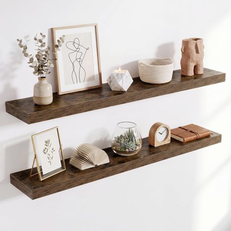 Étagère Murale en Bois, Version Extra résistante, Longueur 100 cm, Tablette Murale pour Salon, Salle de Bain, Chambre, Cuisine, Brun Vintage, Lot de 2 (1/5)