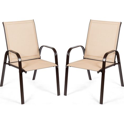 COSTWAY 2 Pcs Patio Dining Chairs Bistro Chairs W/Curved Armrests-Coffee (1/5)