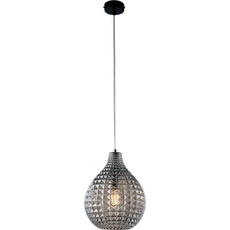 Sospensione 1 Luce Diamante In Ferro Nero E Vetro Soffiato Grigio Specchiato (1/2)
