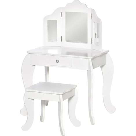 HOMCOM Coiffeuse Enfant avec Tabouret, Coiffeuse Bureau 2 en 1 Miroir triptyque et tiroir Coulissant - Coiffeuse dim. 63L x 40l x 85,5H cm - Blanc Acrylique