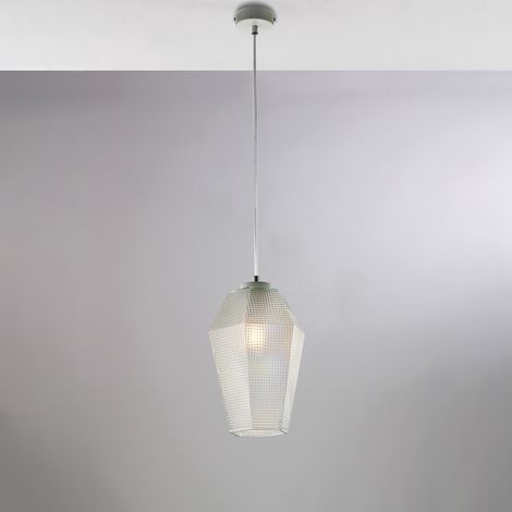 Sospensione in ferro laccato bianco con cavo elettrico regolabile e diffusore in vetro soffiato trasparente con decoro in rilievo 1 luce H.35 - MAX 135 - Ø20