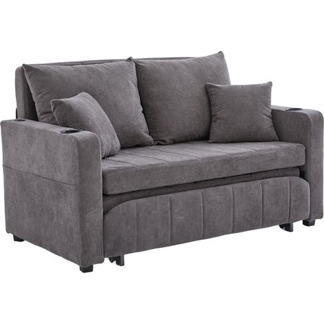 Sofá Cama Convertible en Chenilla, Con Bolsillos Laterales, Cojines, Gris (1/5)
