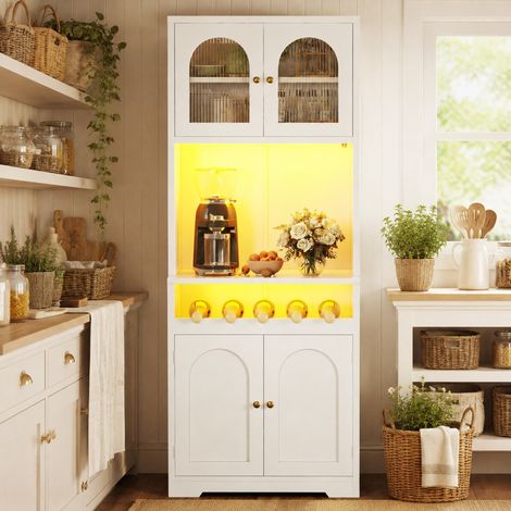 Buffet haut blanc 180 cm avec LED RGB, portes vitrées cintrées, porte-bouteilles, anti-basculement (1/5)