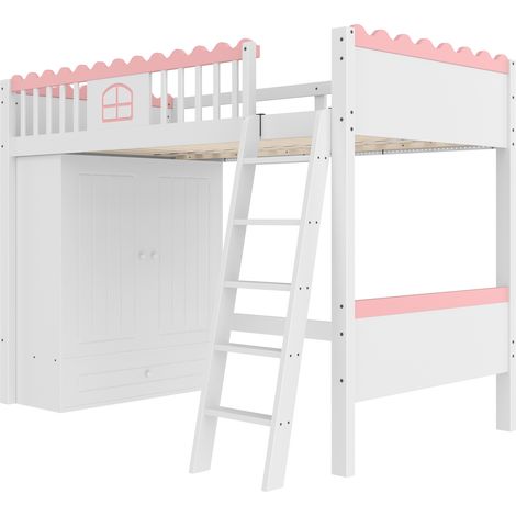 Letto a soppalco per bambini 90 x 200 cm con LED, armadio e cassetto, pino e MDF, bianco (1/5)