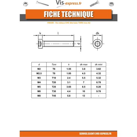 Vis métaux Tête cylindrique TC Basse TORX T30 M6X50 Filetée sur 38 Inox A2-10 pièces