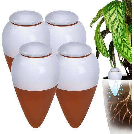 Relaxdays conos de arcilla para riego, set 4x350 ml con tapa, para plantas de interior y jardineras, terracota/blanco (1/5)