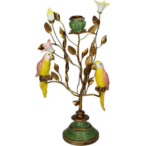 Bougeoir Décoratif Design Nature Feuilles Bronze et Oiseaux en Polystone 17 x 9 x 33 cm - PANGIVO