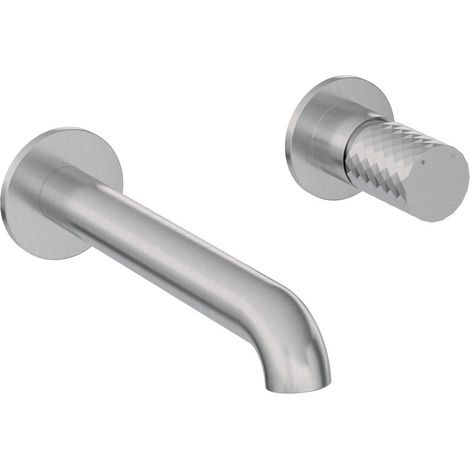 Miscelatore lavabo a parete in ottone con bocca 22 cm finitura acciaio spazzolato - Hexo
