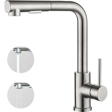 Mitigeur de cuisine avec douchette extractible, Monocommande, Rotation à 360°, 2 modes de pulvérisat Robinet d'évier cuisine - Brossé (1/4)