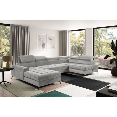 Wohnlandschaft Schlafsofa AGNESA Stoff Salvador Hellgrau Ottomane Links (1/5)