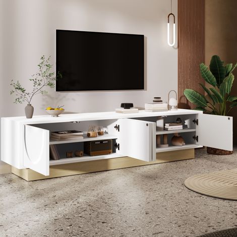 TV-Schrank MDF Weiß mit Holzoptik, 175 x 40 x 41,5 cm, 4 Türen, grifflos mit Push-to-Open, viel Stauraum (1/5)