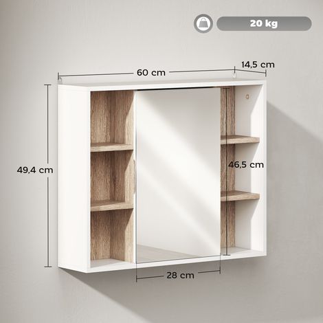 Armoire murale salle de bain 60 x 14,5 x 49,4 cm miroir intégré rangement 6 casiers contemporain épuré en MDF blanc (1/4)