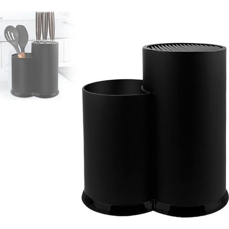 Porte-couteaux 2 en 1 - Bloc à couteaux de cuisine - Cylindrique - Rangement pour couverts - Porte-ustensiles de cuisine - Noir - 1 pièce (1/4)