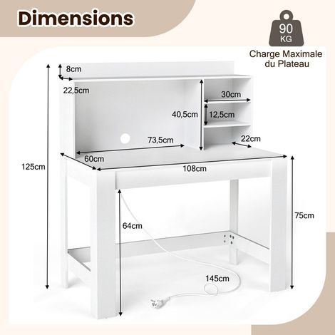 Bureau informatique blanc avec étagère, prises intégrées USB et Type-C et gestion des câbles pour bureau, chambre et dortoir (1/5)