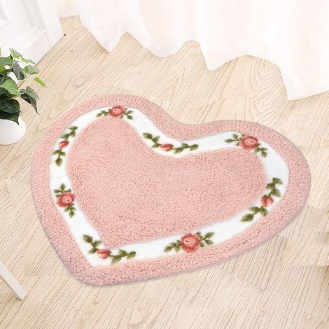 Alfombra floral de rosas, alfombra de baño antideslizante, microfibra absorbente, alfombra de baño suave y mullida en forma de corazón, rosa, 50 cm x 60 cm (1/5)