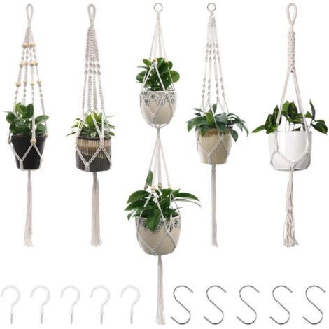 5 pièces Porte plantes et étagère à plantes, Macrame Pot Suspendu Panier Suspendu en Corde Coton Pot de Fleurs pour Plantes Support Suspendu (1/4)