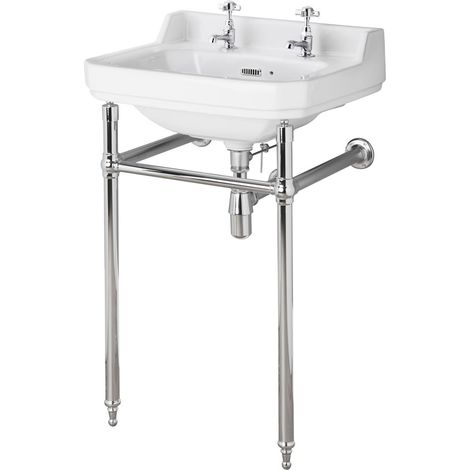 Hudson Reed – Lavabo rétro sur colonne 53cm – Céramique blanche – Console porte-serviettes en acier inoxydable chromé – Percé pour robinetterie 35mm (1/5)