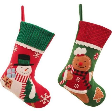 Lot de 2 Chaussettes de Noël, Tissu, 38x25 cm, Rouge et Vert, Décoration Intérieure, Pour Enfants (1/4)