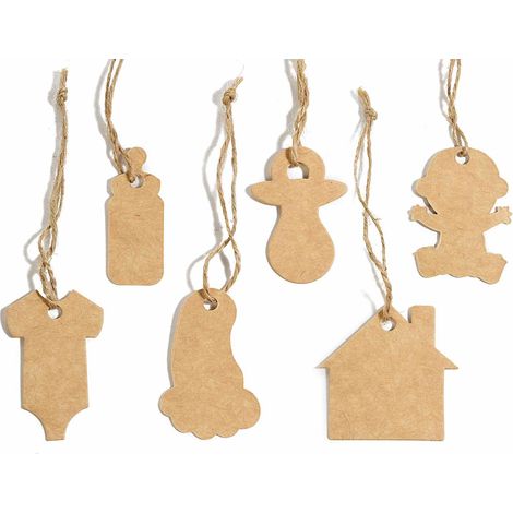 Étiquette pour dragées de naissance en carton couleur naturelle, lot de 4, 3,5x H. 5,5 cm (avec cordon 15)