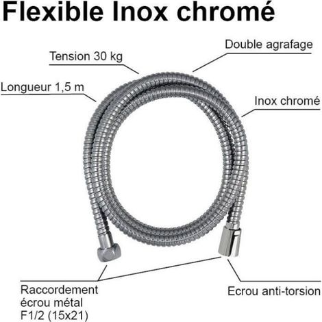 Flexible De Douche - Inox Chromé - Double Agrafage - 1,50 M - Écrou Anti-Torsion - Réducteur De Débit (1/4)