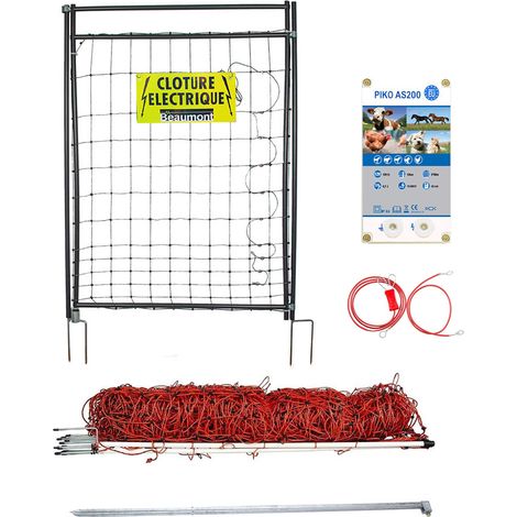 Beaumont – Clôture électrique pour chien – Kit avec filet 50m x 90cm et portillon 90 x 120cm – Mailles serrées pour sécurité – Poste mixte secteur/batterie (1/4)