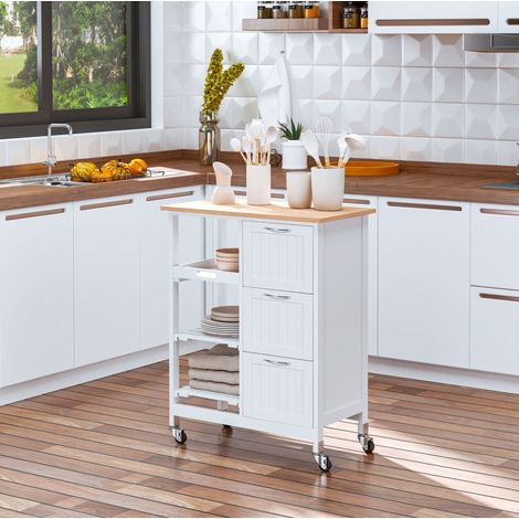 Carro de cocina 67 x 37 x 87 cm, 3 cajones, 2 estantes, blanco DESVIAE