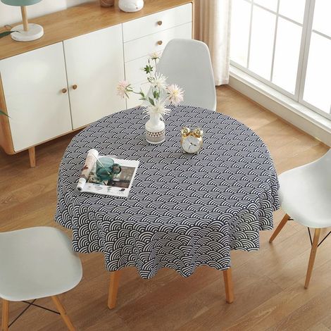 Rond Nappe, Mer Vague Motif Table Tissu Coton Lin Tissu Décorative Bureau Table Housse, Style Nordique Table Tissu pour Vacances Maison Noël Fête Pique-Nique - 150cm (1/4)