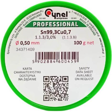 Bleifreies Lötzinn mit Flussmittel Sn99,3Cu0,7-1,1,3/3,0% Ø 0,50 100 g (Cu1) für manuelles und automatisches Weichlöten, Kolophoniumzinn