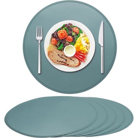 Ecleanfy - Un ensemble de 6 sets de table ronds, en cuir, 38 cm de diamètre, imperméables et antidérapants, protection de table (bleu).