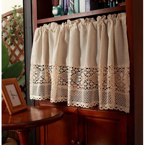 Cortina corta de cocina para ventana pequeña, rústica, beige, de algodón y lino, con encaje calado y ganchillo, semitransparente, estilo café. (1/5)