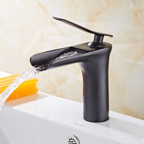 Robinet Mitigeur Lavabo Salle de Bain en Laiton Massif, Style Nordique Moderne, Robinetterie à Poser ou Encastrable, Finition Noir Mat, 1 Pièce-lsw