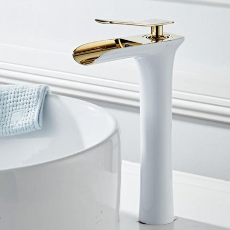Robinet mitigeur de lavabo de salle de bain cascade blanc + or robinet de salle de bain robinet mitigeur monotrou pour lavabo de salle de bain (1/5)