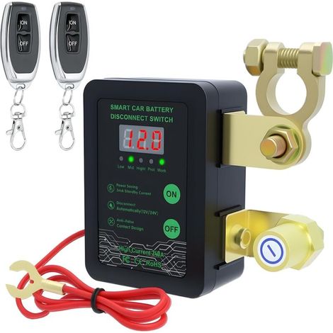 Kabelloser Batterieschutzschalter mit LED-Anzeige, 12V/24V-Batterietrennschalter mit Fernbedienung, automatischer Abschaltschalter für Auto-, Wohnmobil-, ATV-, LKW- und Bootsbatterieschutz (Schwarz) (1/5)