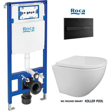 PACK ROCA DUPLO Bati-Support RÉSERVOIR ENCASTRABLE ET PL7 DOUBLE PLAQUE NOIR AVEC WC SUSPENDU KP ROUND SMART Blanc Tornado 3.0 (1/5)