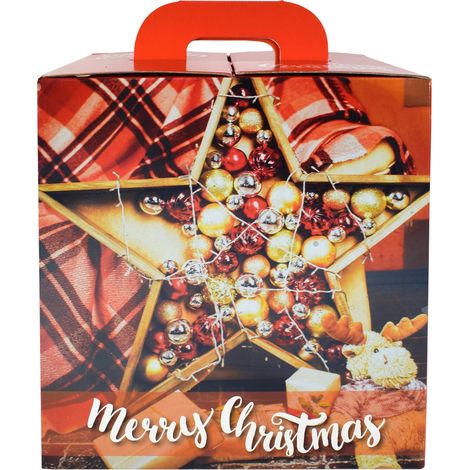 Scatola porta panettone in cartoncino rosso con decorazioni natalizie h 42 cm