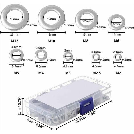 Sortiment an Edelstahl-Unterlegscheiben mit Aufbewahrungsbox – Packung mit 580 Stück – 9 Größen: M2, M2,5, M3, M4, M5, M6, M8, M10 und M12 – Metall-Unterlegscheiben für Reparaturen (1/4)