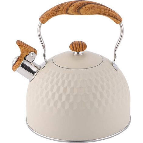 Bouilloire à thé sifflante de 2,5 litres, en acier inoxydable avec poignée pliable imitation bois, idéale pour le thé et le café. (1/5)