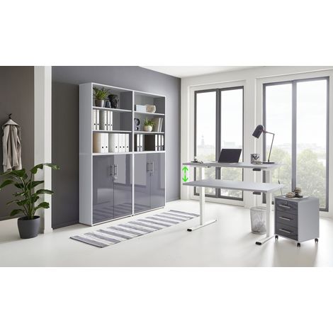 BMG Möbel Büromöbel komplett Set mit elektrisch höhenverstellbaren Schreibtisch Arbeitszimmer e-Dition in lichtgrau / anthrazit Hochglanz lackiert Gestell weiß