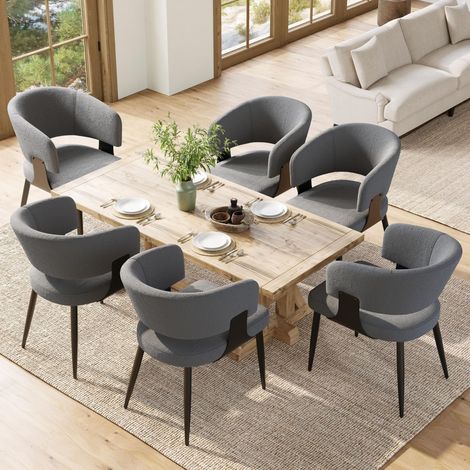 Lot de 6 chaises de salle à manger rembourrées en tissu effet bouclette, chaises à dossier incurvé ergonomique et pieds métalliques, mobilier polyvalent pour salle à manger, coiffeuse et salon, Beige (1/5)