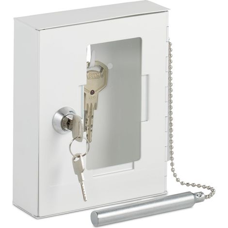Boîte à clés d'urgence, avec vitre de Verre, Marteau Brise-Glace et 2 clés, verrouillable, métal, Blanche (1/5)