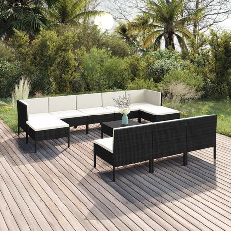 11-tlg. Garten-Lounge-Set mit Auflagen Poly Rattan Schwarz (1/5)