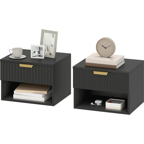 Lot de 2 tables de chevet suspendues, tables de nuit murales avec tiroir et niche, moderne, 40x34x29cm, noir (1/4)