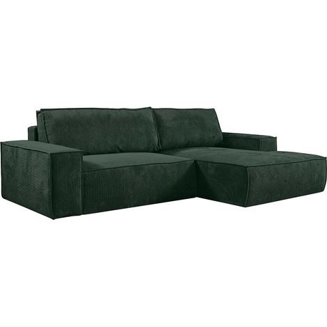 Vente-Unique – Canapé d'angle convertible 4 places en velours côtelé vert sapin – Coffre de rangement – Dossier déhoussable – Structure bois (1/5)