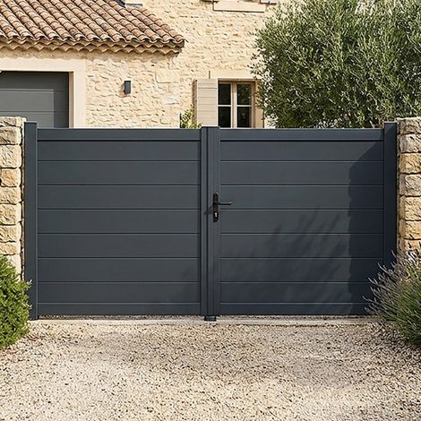 Portail battant aluminium plein lame XXL H 1m60 x P 3m Gris 7016 (1/5)